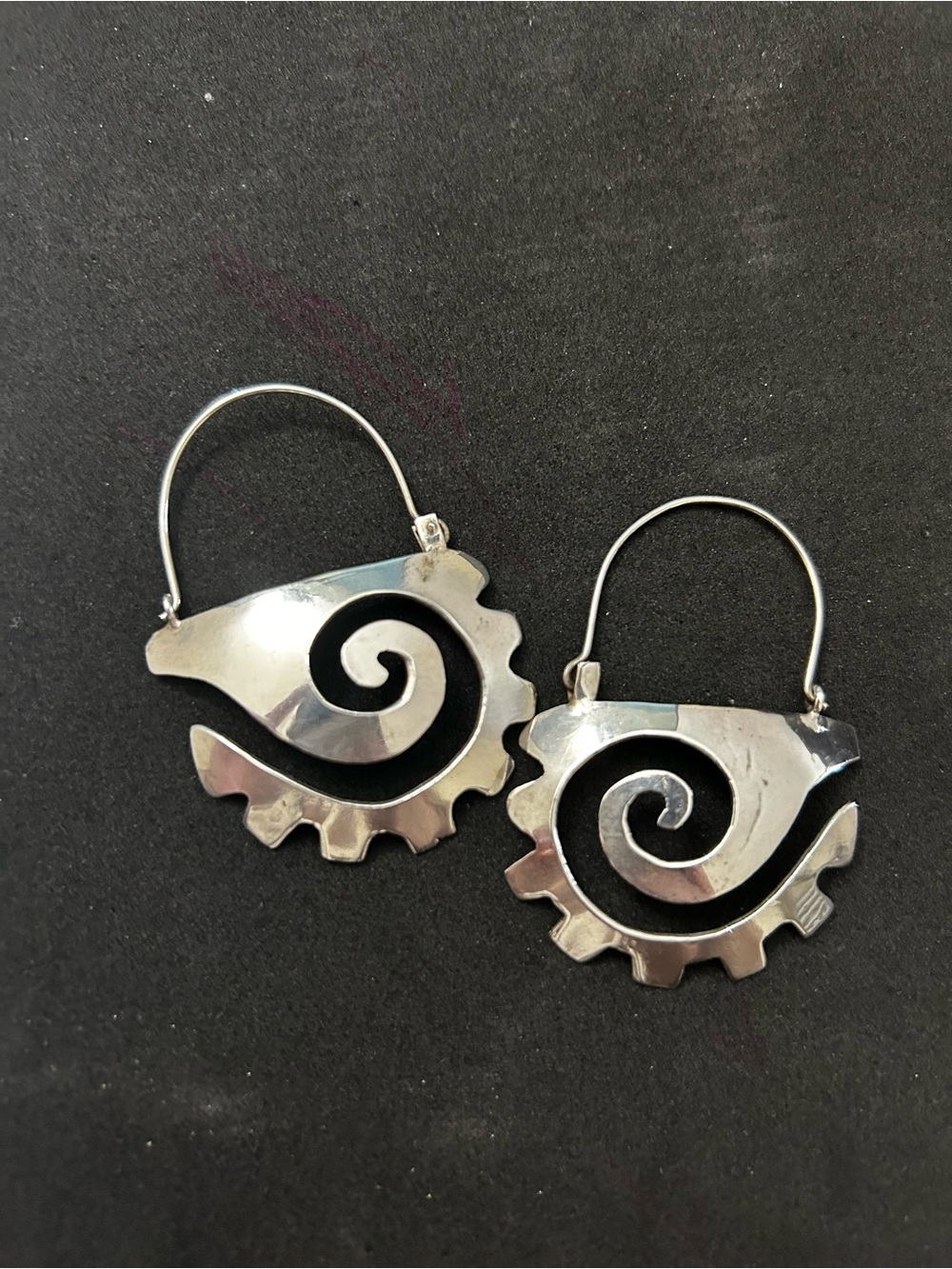 Vintage Tribal Ethnic Glyph Sterling Silver Spiral Gear Drop Earrings - Women - Picture 2 of 4